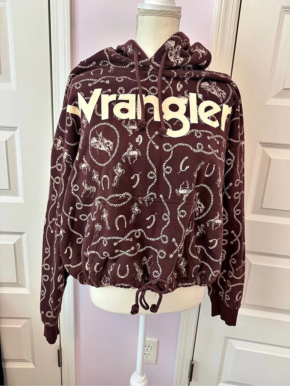 Wrangler Retro Western Bronco Rope Print Hoodie Brown & White